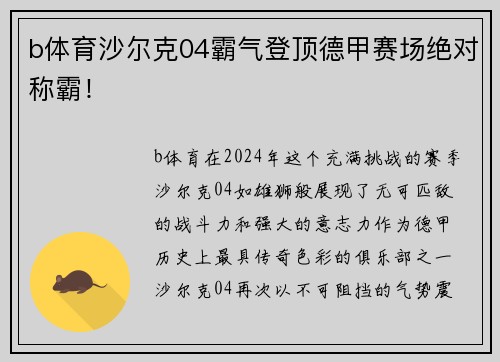 b体育沙尔克04霸气登顶德甲赛场绝对称霸！